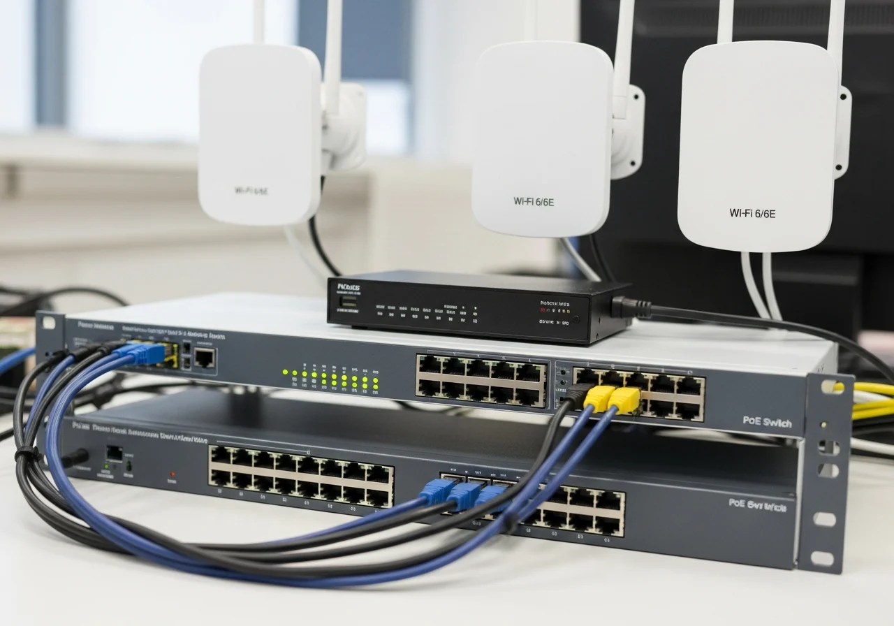 Topología con switches PoE, router y access points Wi-Fi 6/6E para red local de voz y datos