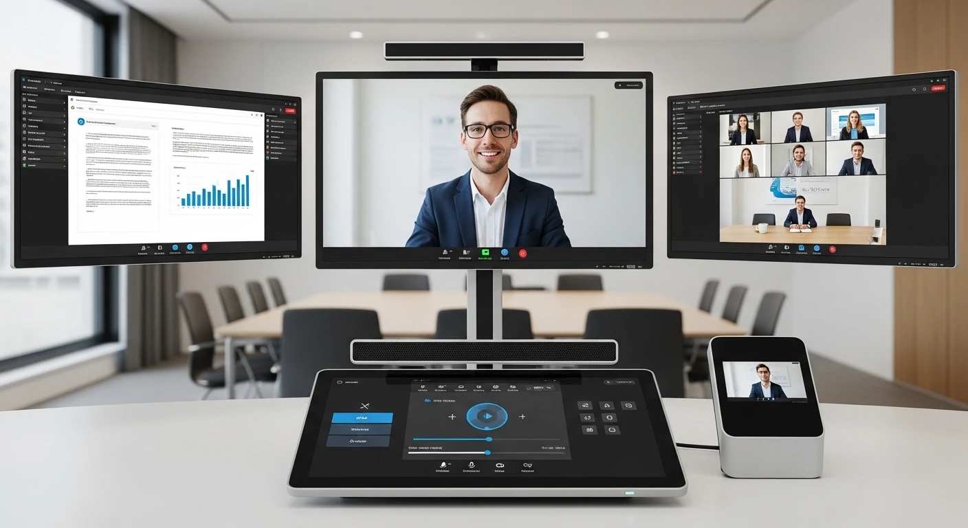 Telepresencia con cámaras 4K, varias pantallas y tablero táctil para salas de videoconferencia