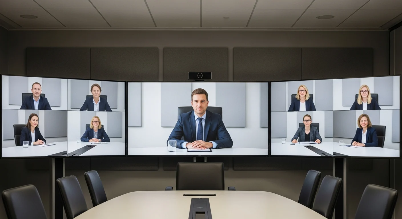 Sala de telepresencia inmersiva con múltiples pantallas y audio profesional