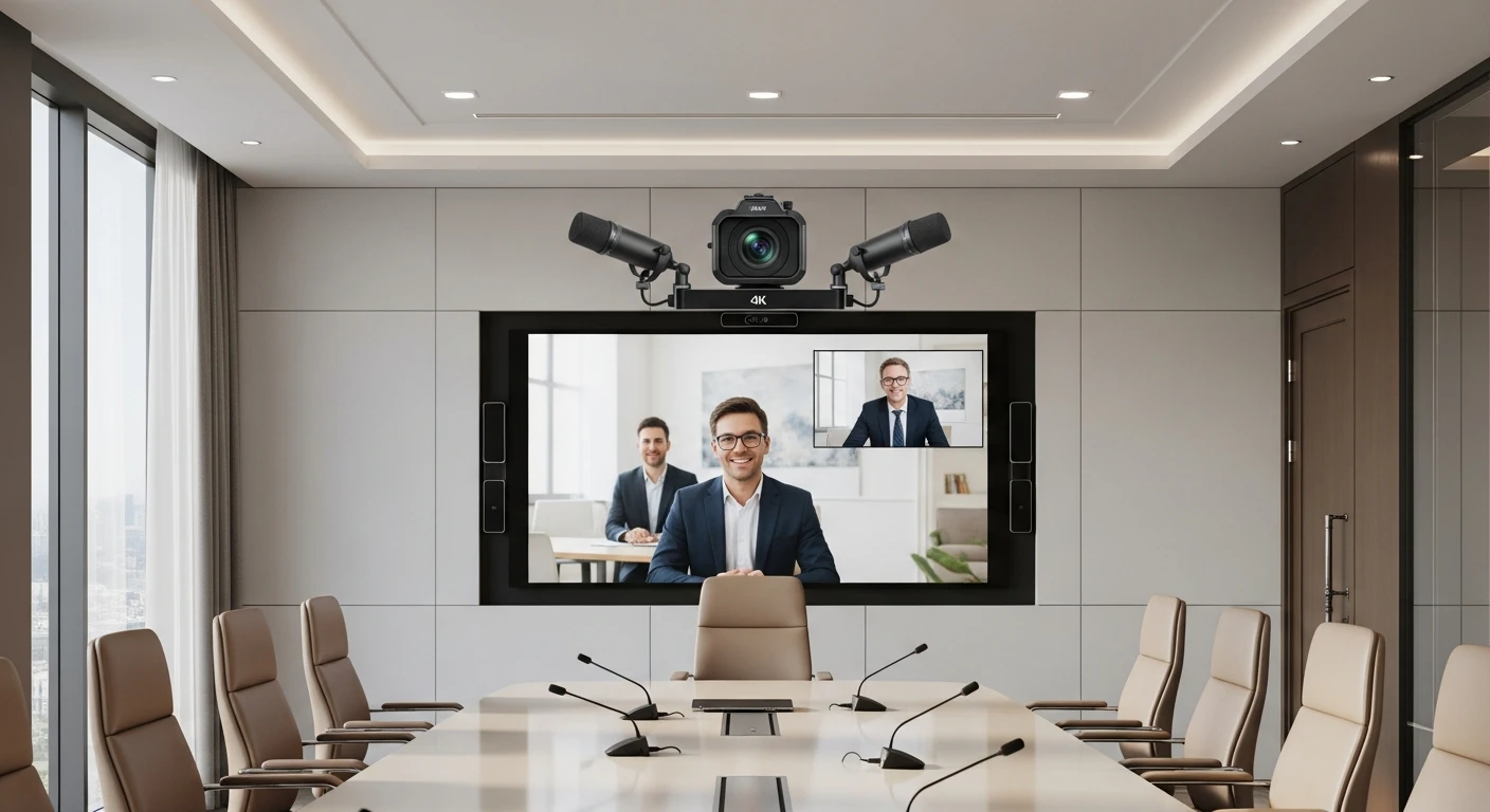 Sala de videoconferencia con cámara 4K, microfonía y pantalla compartida